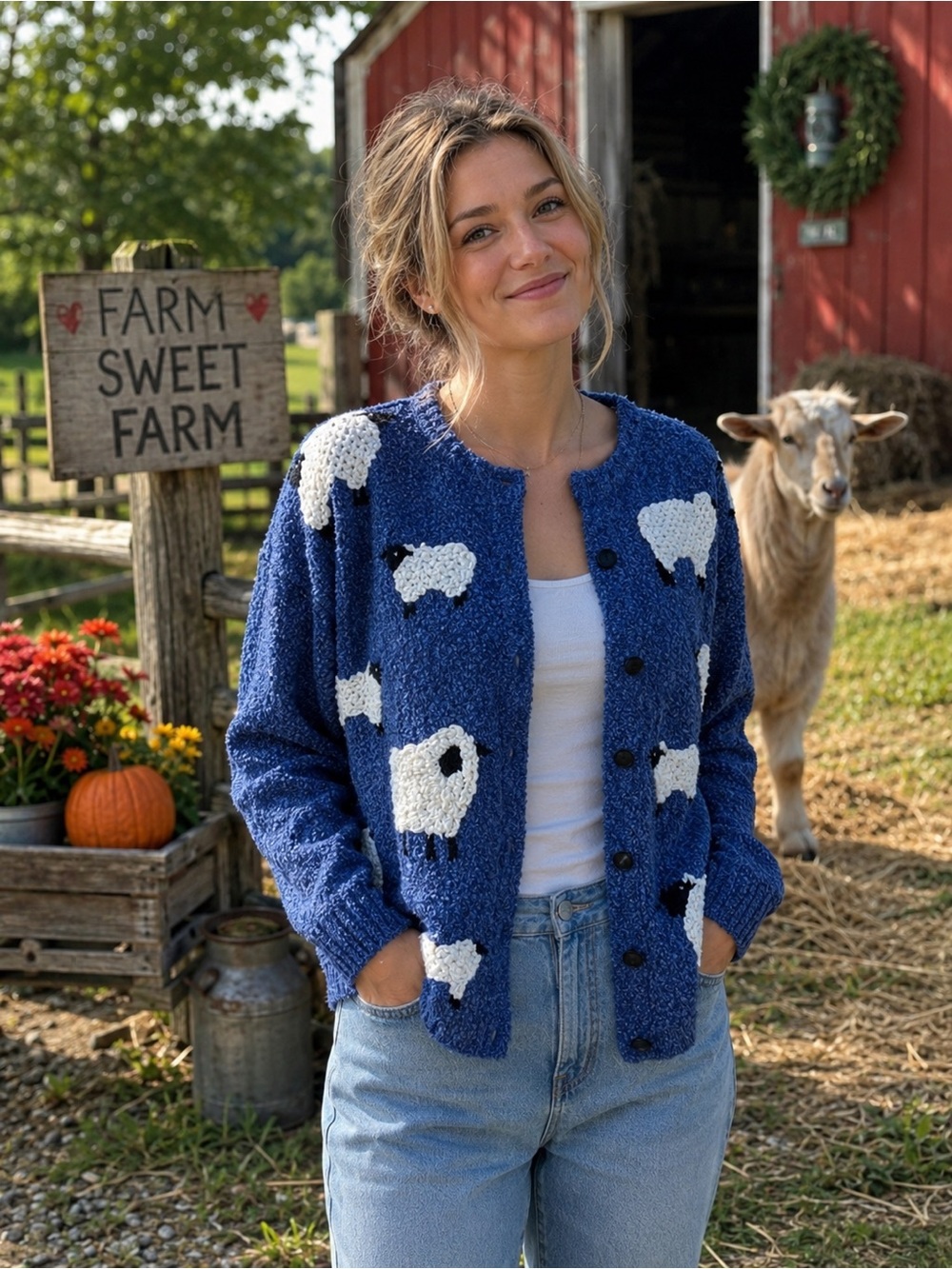 Vintage Focus Blue Sheep Motif Knit Cardigan - Women size medium